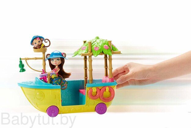 Игровой набор Энчантималс Лодка в джунглях с куклой Мэрит Обезьянка GFN58