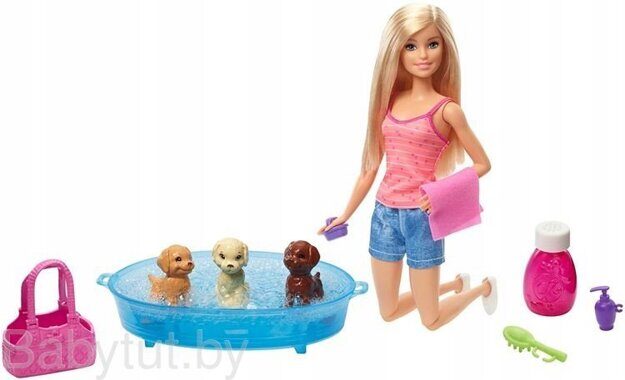 Игровой набор Barbie Купание щенков с куклой GDJ37