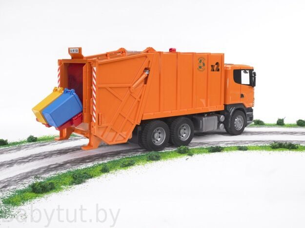 Мусоровоз Scania (цвет оранжевый) (подходит модуль со звуком и светом Bruder (Брудер) 03560
