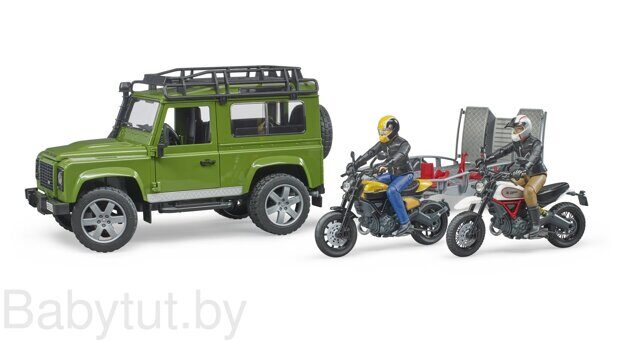 Внедорожник Land Rover с мотоциклом Ducati Full Throttle и прицепом-платформой Bruder 02589