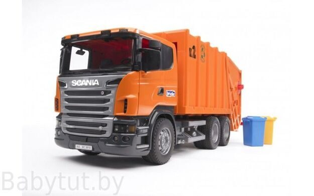 Мусоровоз Scania (цвет оранжевый) (подходит модуль со звуком и светом Bruder (Брудер) 03560