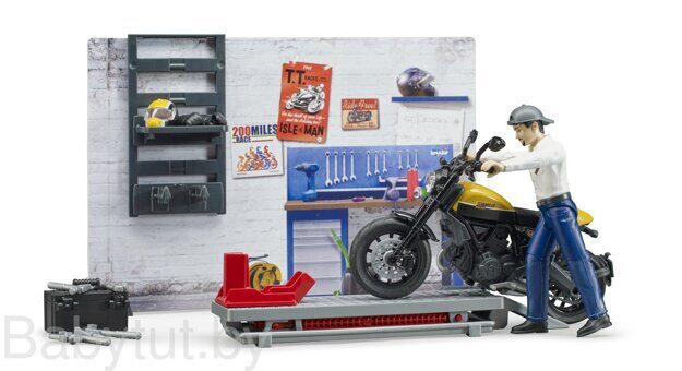 Мотосервис с мотоциклом Scrambler Ducati Full Throttle и фигуркой Bruder 62102