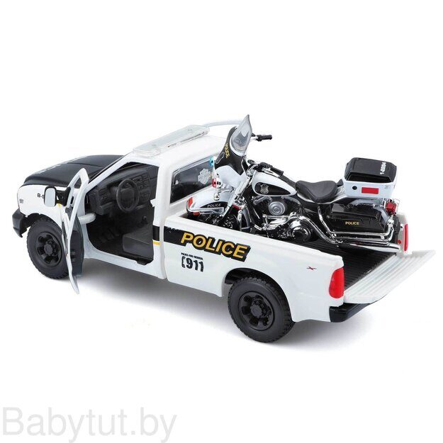 Модель автомобиля Maisto 1:27 - Форд F-350 Супердьюти пикап (1999) "Полиция" с мотоциклом